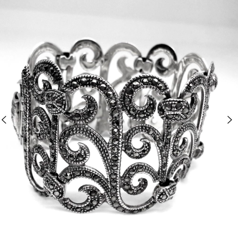 Maureen Wide Solid Silver Marcasite Bracelet - image 2